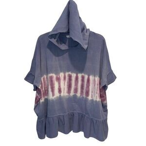 Jade By Jane Womens‎ Tie Dye Hoodie Ruffle Dolman Sleeve Shirt Blue Size Large